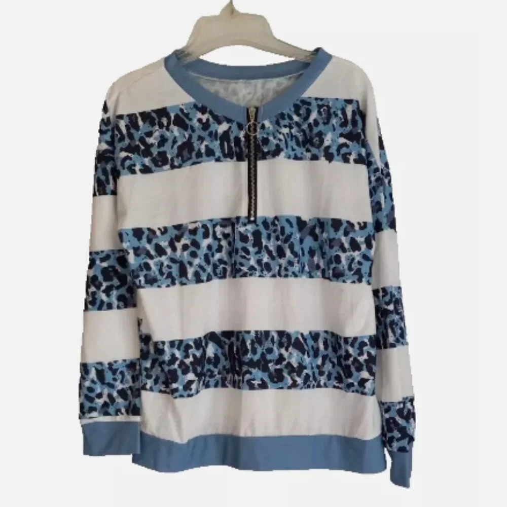 Long Sleeve T-shirt  Sz L  NEW Crew Neck Casual Blouse 1/4 zip blue/white Women - Picture 6 of 13